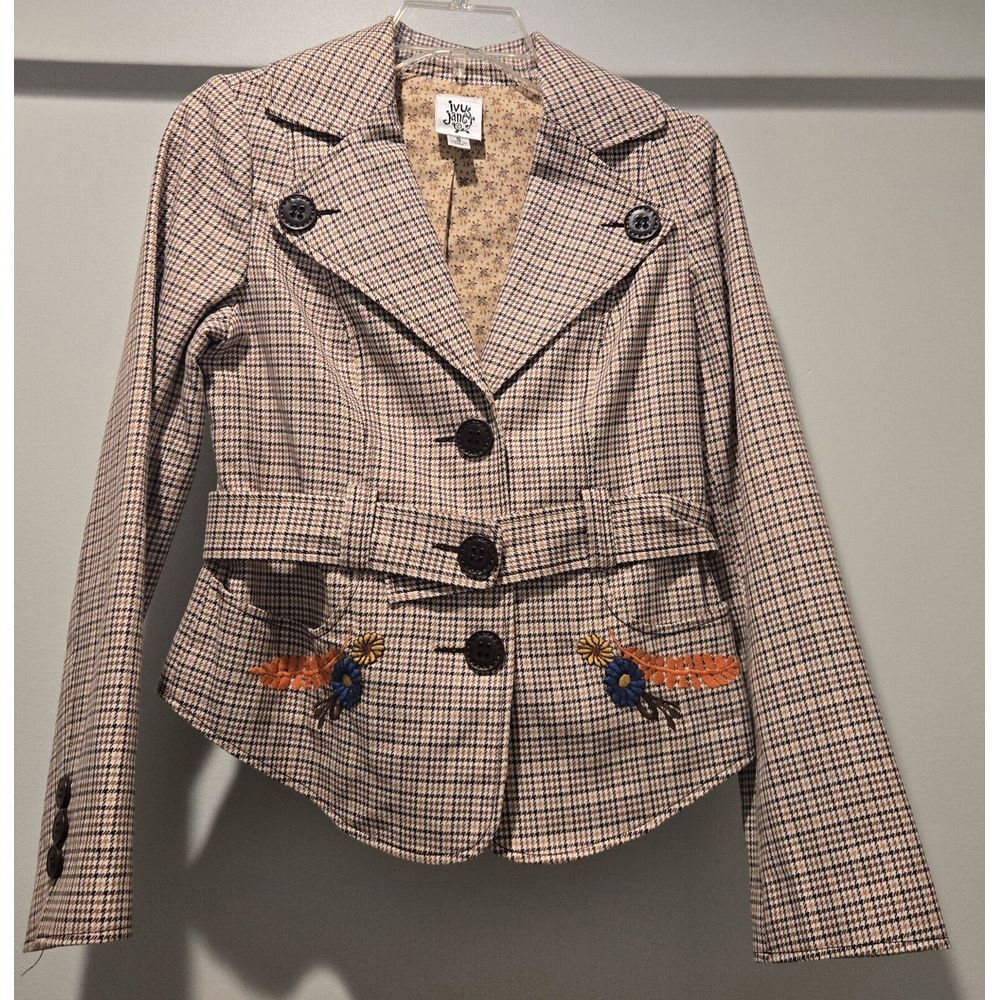 Ivy Jane‎ Blazer Womens Small Plaid Embroidered Peace Sign Hippie Bohemian